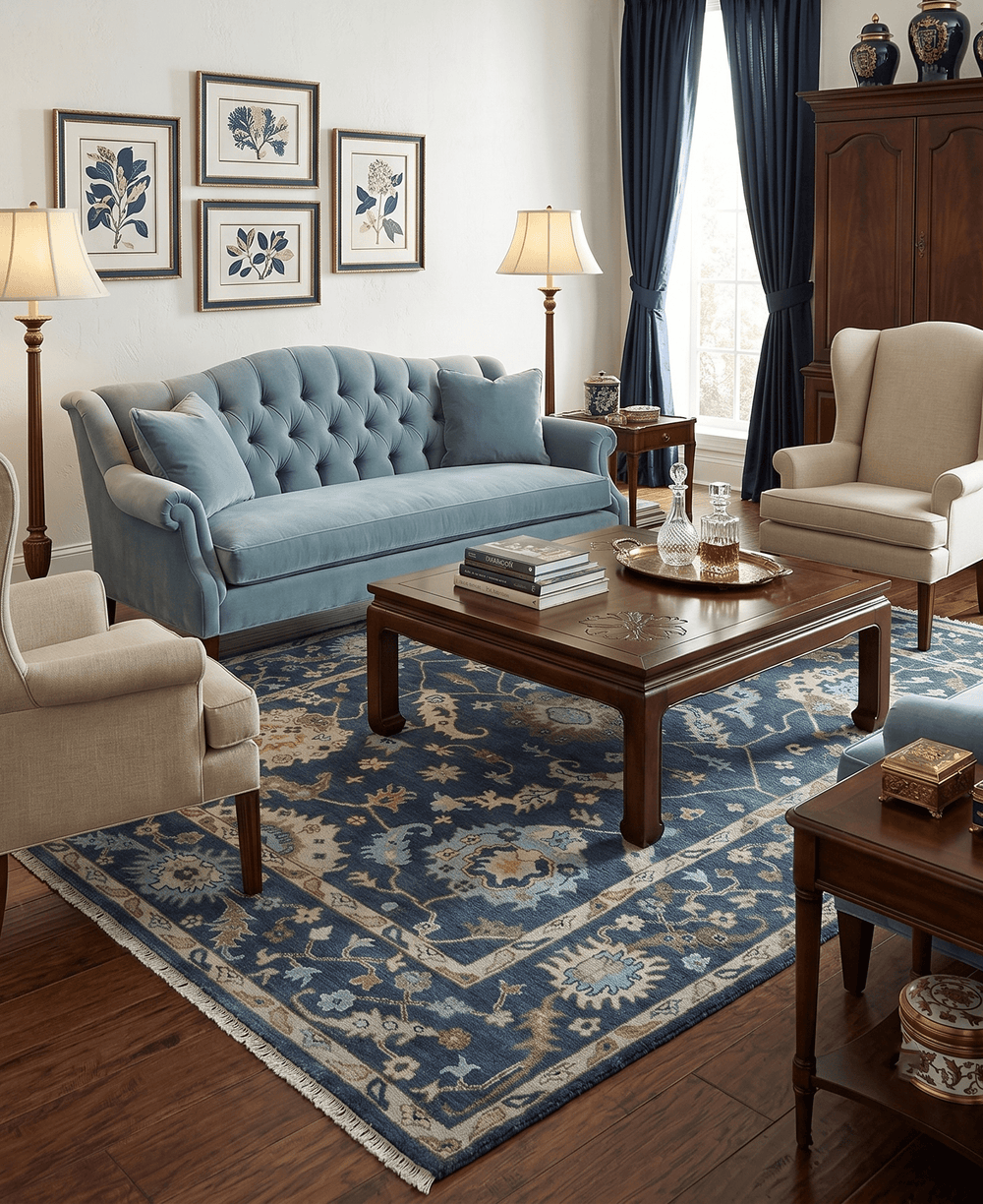 Custom Made Blue, Beige and Green Multi size Hand knotted Traditional Oushak Wool Area Rug - The Rug Decor