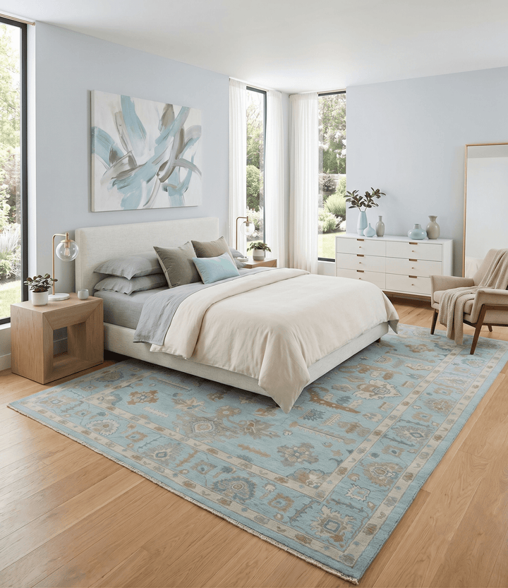 Custom Made Blue, Brown and Ivory Hand knotted Traditional Oushak Wool Rug - The Rug Decor