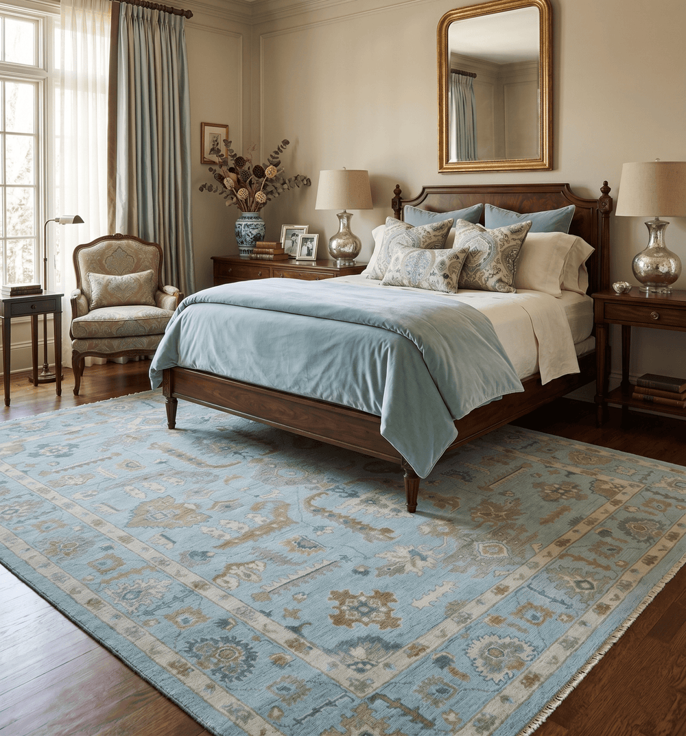 Custom Made Blue, Brown and Ivory Hand knotted Traditional Oushak Wool Rug - The Rug Decor