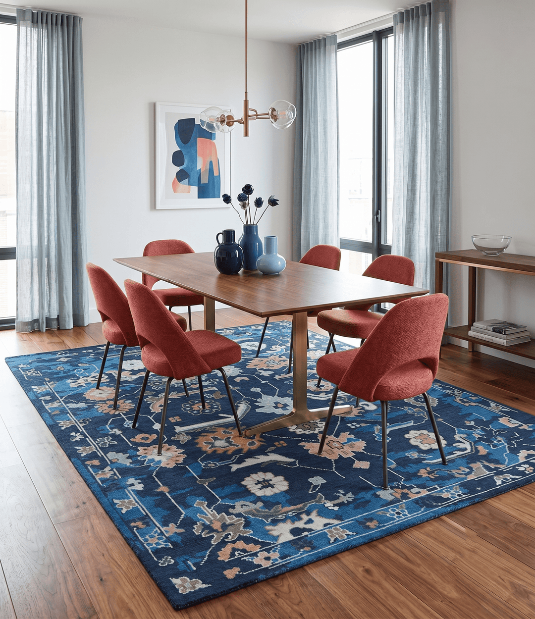 Custom Made Blue, Camel and Ivory Traditional Oriental Oushak wool Area Rug - The Rug Decor