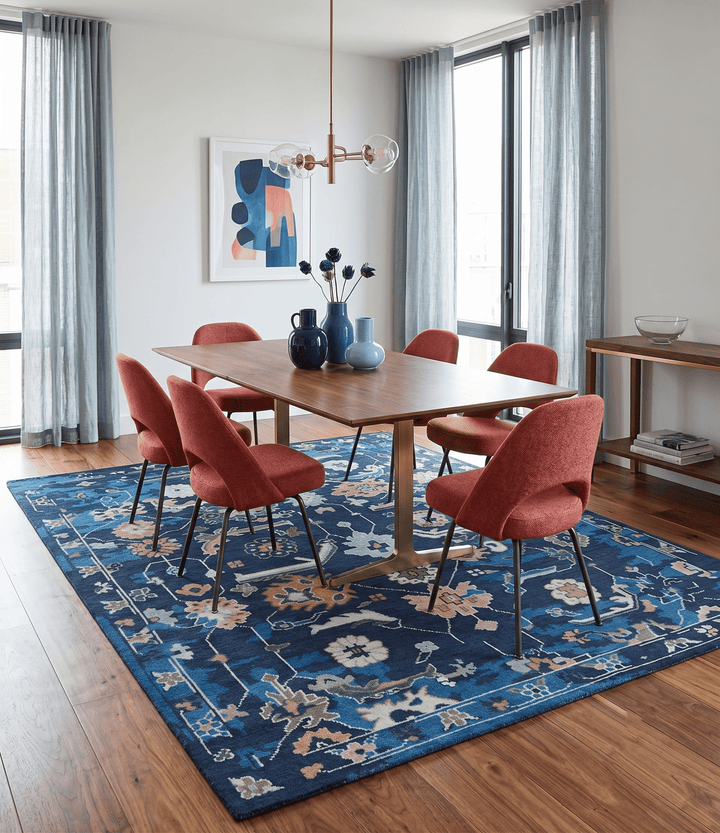 Custom Made Blue, Camel and Ivory Traditional Oriental Oushak wool Area Rug - The Rug Decor