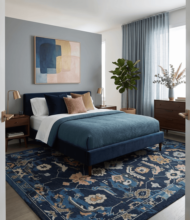 Custom Made Blue, Camel and Ivory Traditional Oriental Oushak wool Area Rug - The Rug Decor