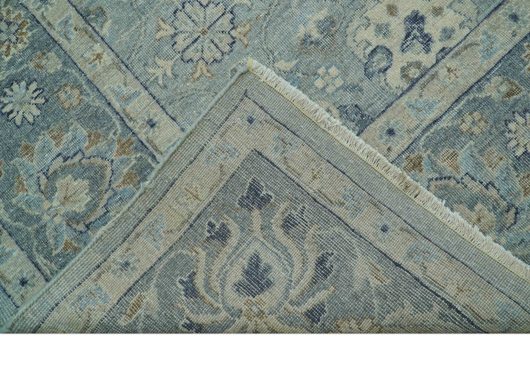 Custom Made Blue Traditional distressed design Hand knotted Wool Area Rug - The Rug Decor