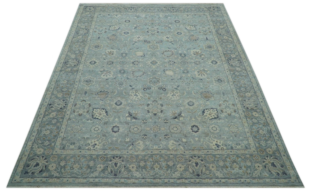 Custom Made Blue Traditional distressed design Hand knotted Wool Area Rug - The Rug Decor