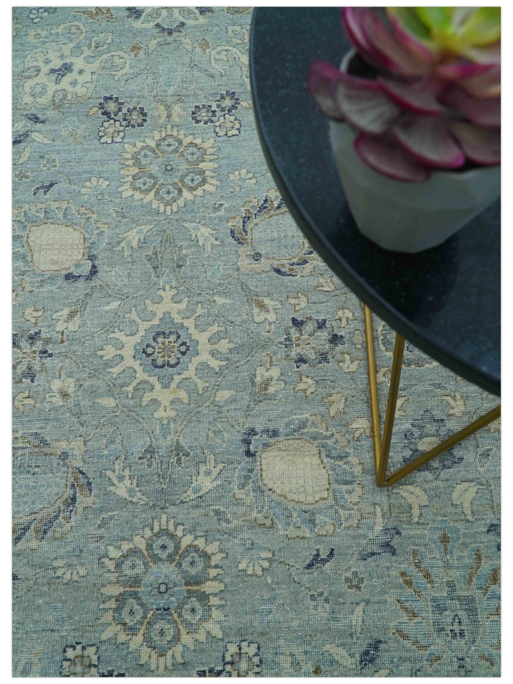 Custom Made Blue Traditional distressed design Hand knotted Wool Area Rug - The Rug Decor