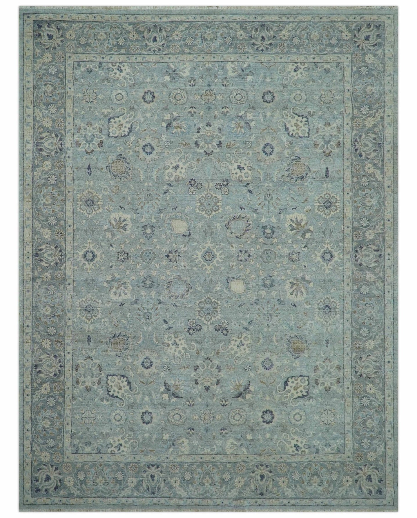 Custom Made Blue Traditional distressed design Hand knotted Wool Area Rug - The Rug Decor