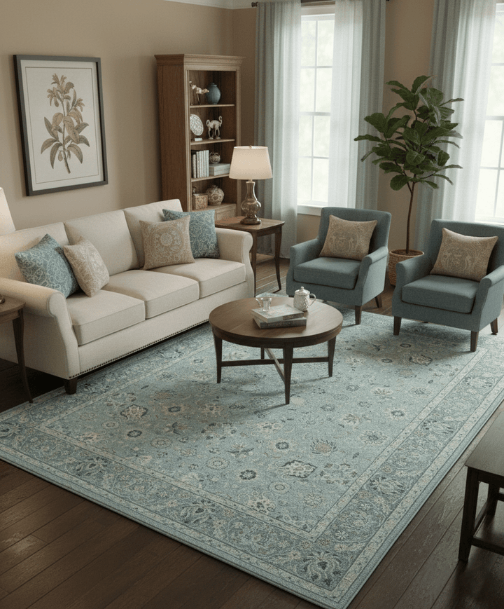 Custom Made Blue Traditional distressed design Hand knotted Wool Area Rug - The Rug Decor