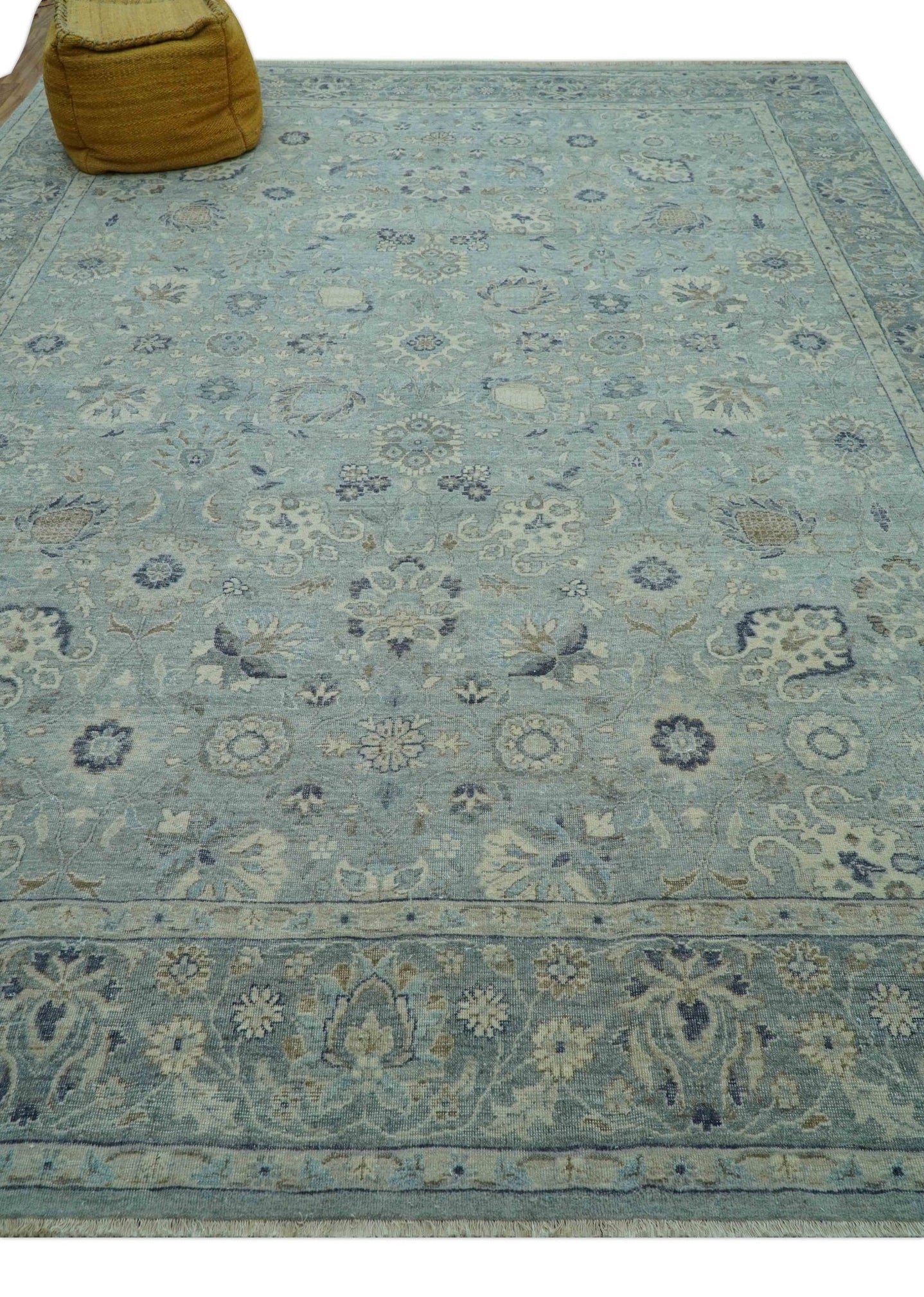 Custom Made Blue Traditional distressed design Hand knotted Wool Area Rug - The Rug Decor