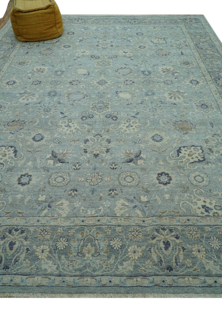 Custom Made Blue Traditional distressed design Hand knotted Wool Area Rug - The Rug Decor