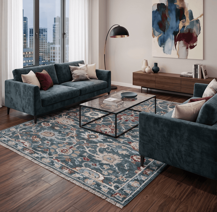 Custom Made Blue Traditional Turkish Design Hand Knotted Wool Rug - The Rug Decor