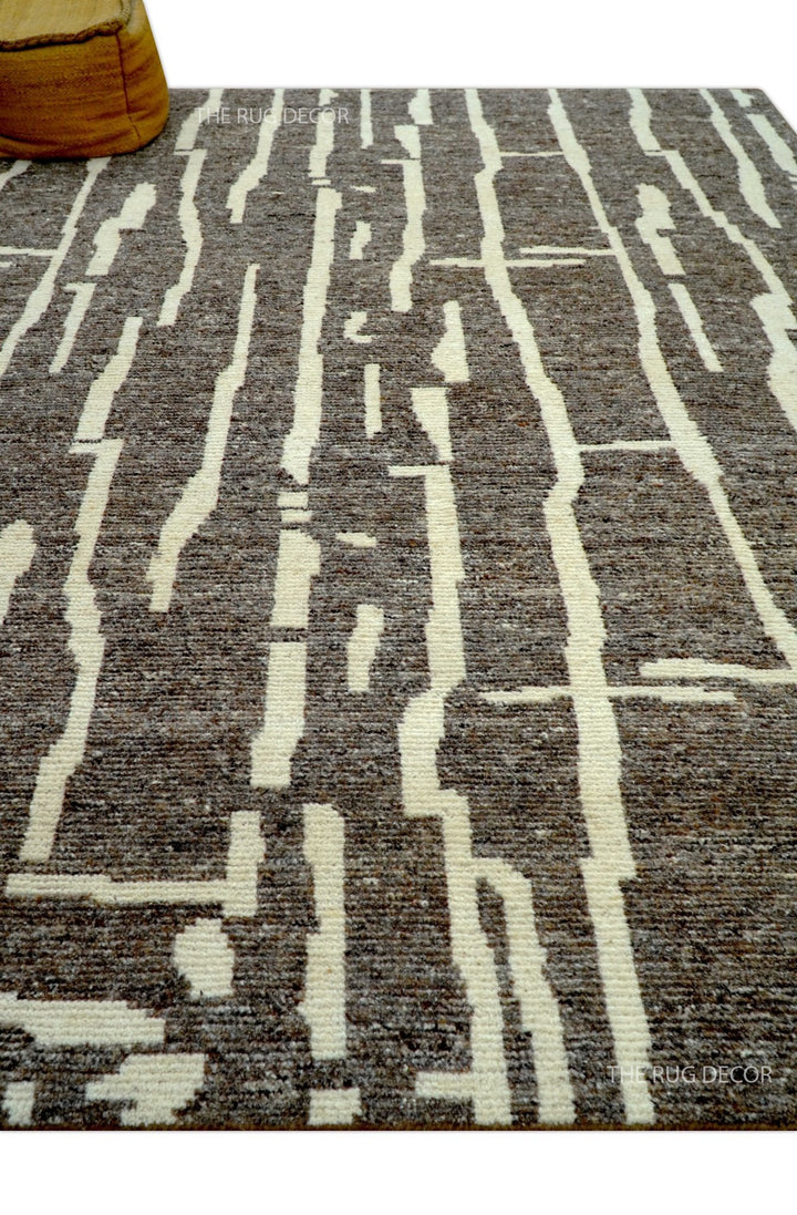 Custom Made Brown And Ivory Contemporary Hand Knotted Wool Area Rug - The Rug Decor