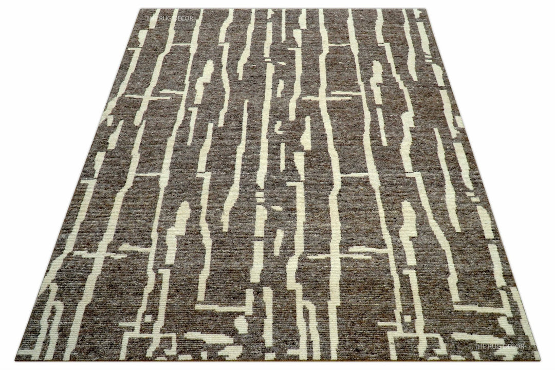 Custom Made Brown And Ivory Contemporary Hand Knotted Wool Area Rug - The Rug Decor