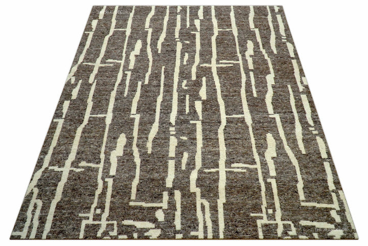 Custom Made Brown And Ivory Contemporary Hand Knotted Wool Area Rug - The Rug Decor