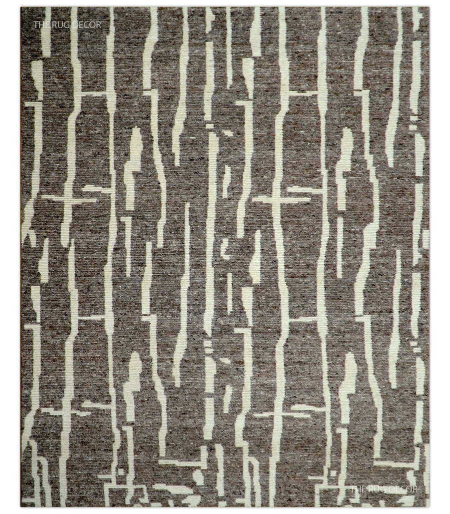 Custom Made Brown And Ivory Contemporary Hand Knotted Wool Area Rug - The Rug Decor