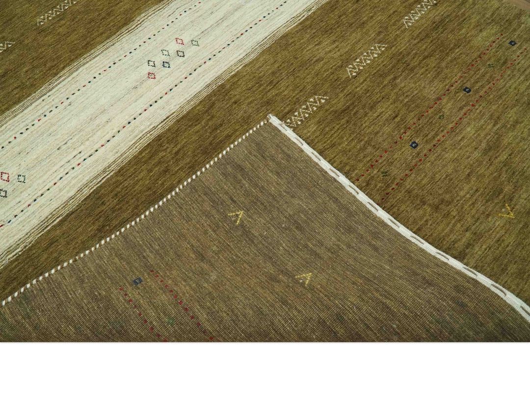 Custom Made Brown and Ivory Geometrical Stripes Design wool Area Rug - The Rug Decor