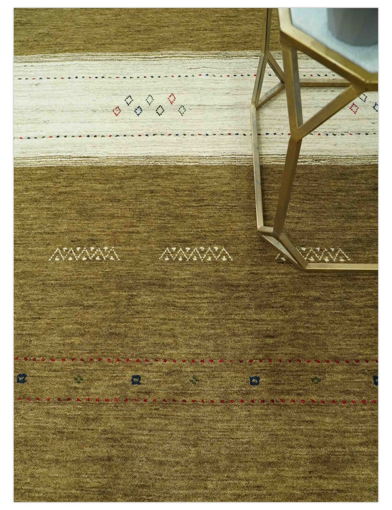 Custom Made Brown and Ivory Geometrical Stripes Design wool Area Rug - The Rug Decor