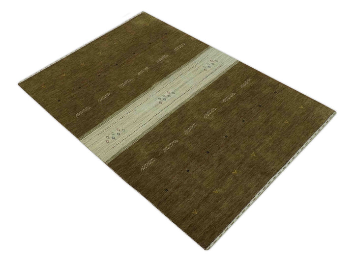 Custom Made Brown and Ivory Geometrical Stripes Design wool Area Rug - The Rug Decor