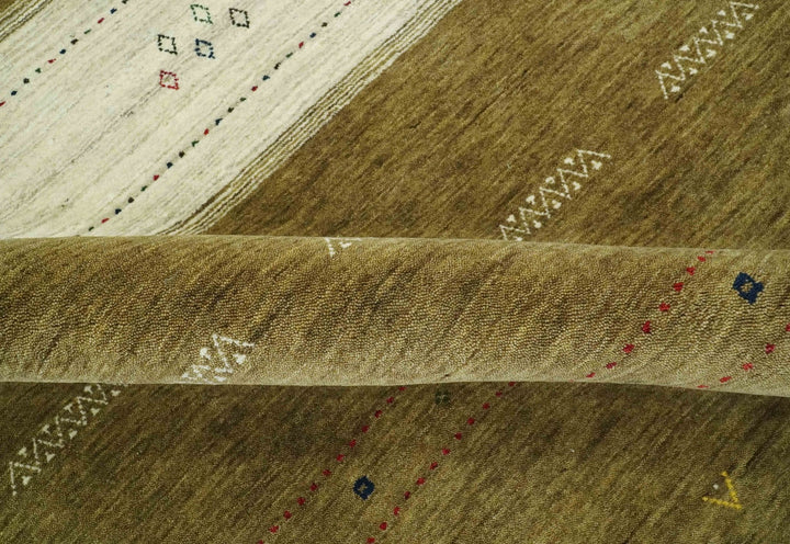 Custom Made Brown and Ivory Geometrical Stripes Design wool Area Rug - The Rug Decor