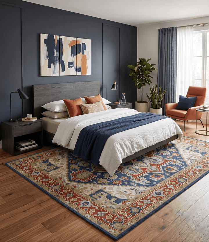 Custom Made Brown, Blue, Ivory and Olive Hand knotted Traditional Heriz Medallion Wool Area Rug - The Rug Decor