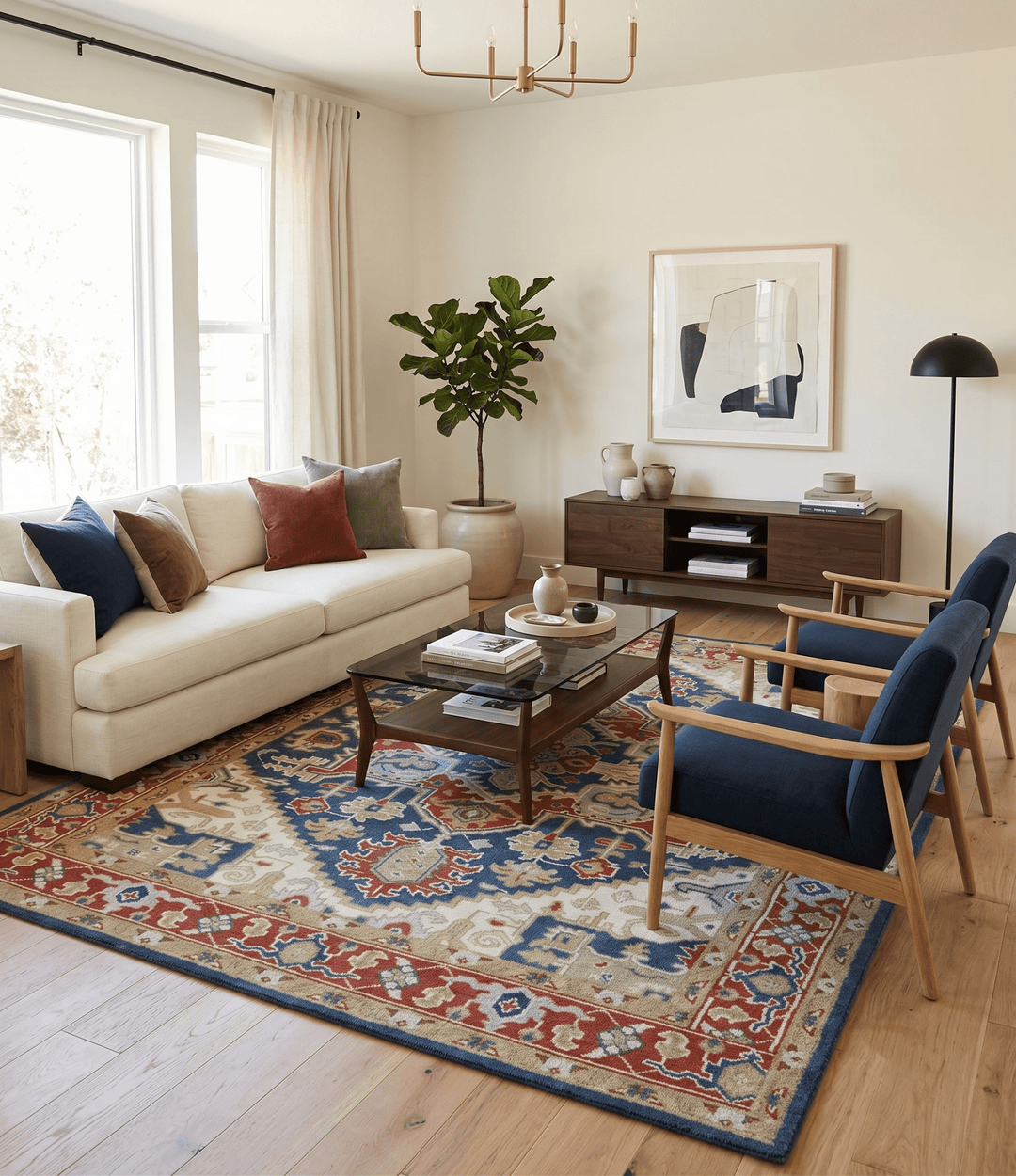 Custom Made Brown, Blue, Ivory and Olive Hand knotted Traditional Heriz Medallion Wool Area Rug - The Rug Decor