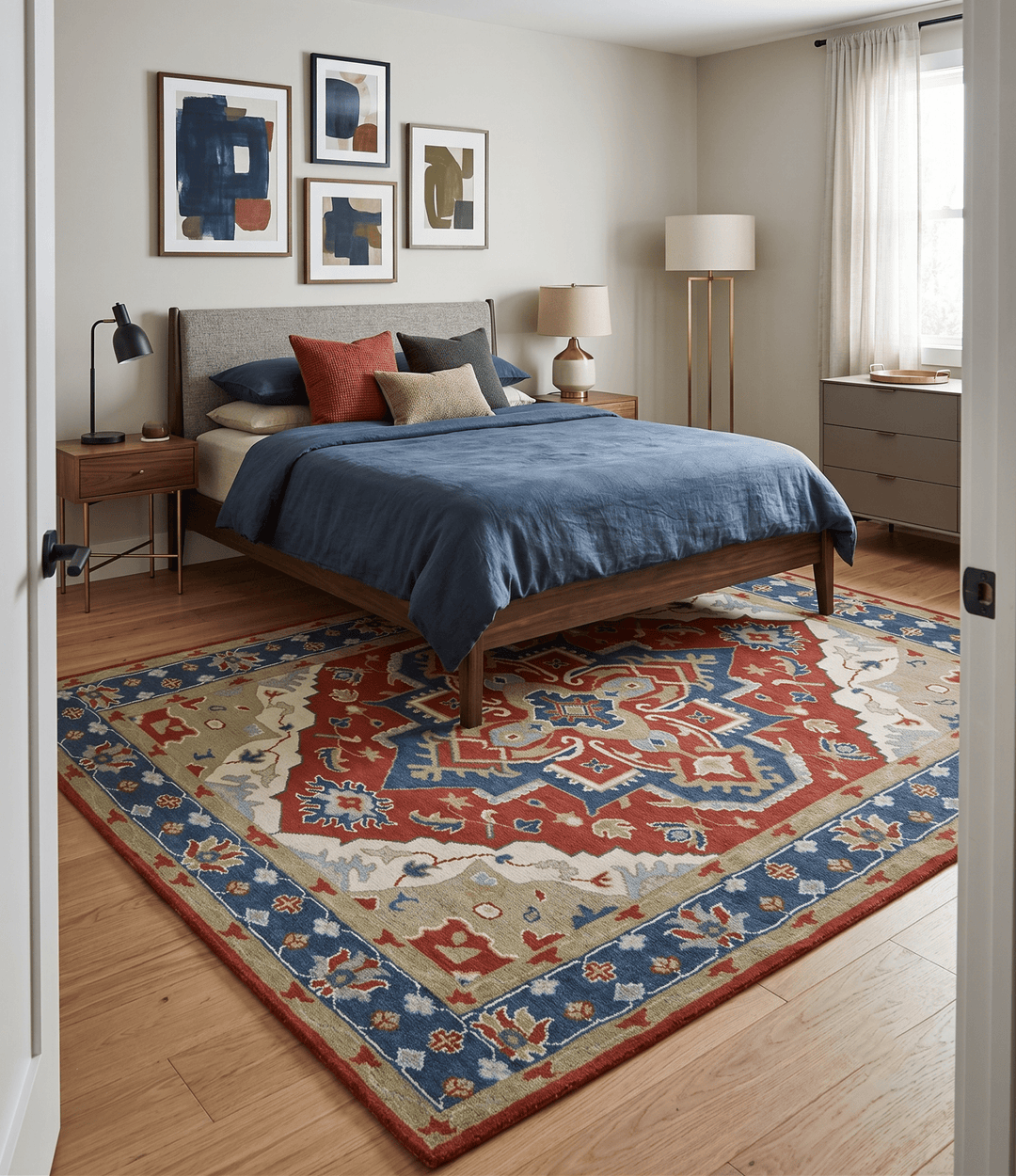 Custom Made Brown, Blue, Ivory and Olive Traditional Heriz Medallion Wool Area Rug - The Rug Decor