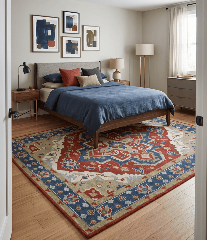 Custom Made Brown, Blue, Ivory and Olive Traditional Heriz Medallion Wool Area Rug - The Rug Decor