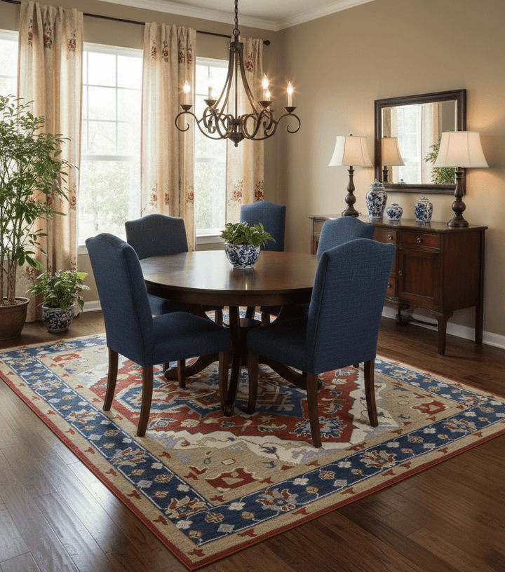 Custom Made Brown, Blue, Ivory and Olive Traditional Heriz Medallion Wool Area Rug - The Rug Decor