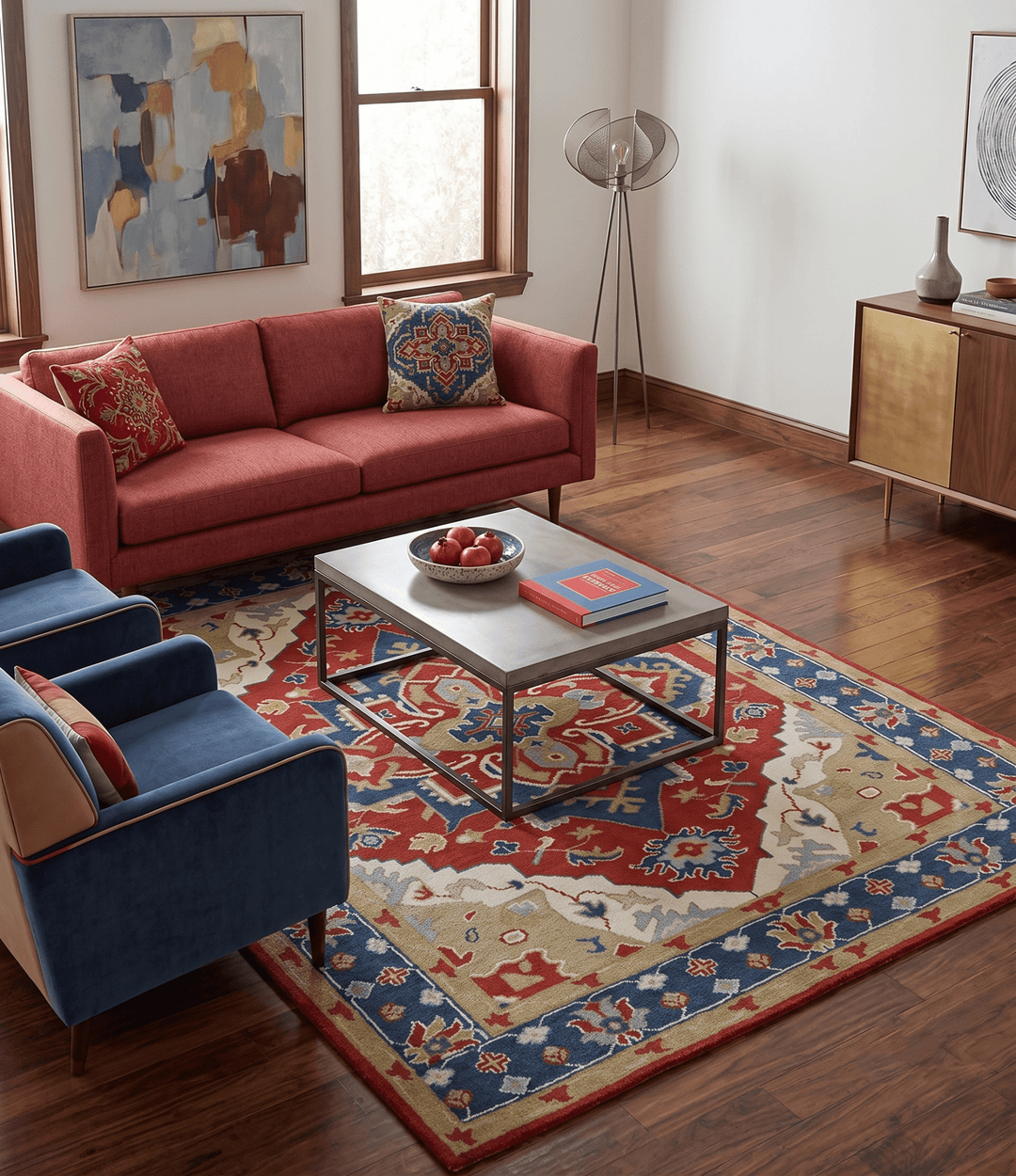Custom Made Brown, Blue, Ivory and Olive Traditional Heriz Medallion Wool Area Rug - The Rug Decor