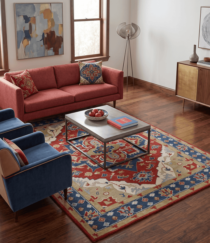 Custom Made Brown, Blue, Ivory and Olive Traditional Heriz Medallion Wool Area Rug - The Rug Decor