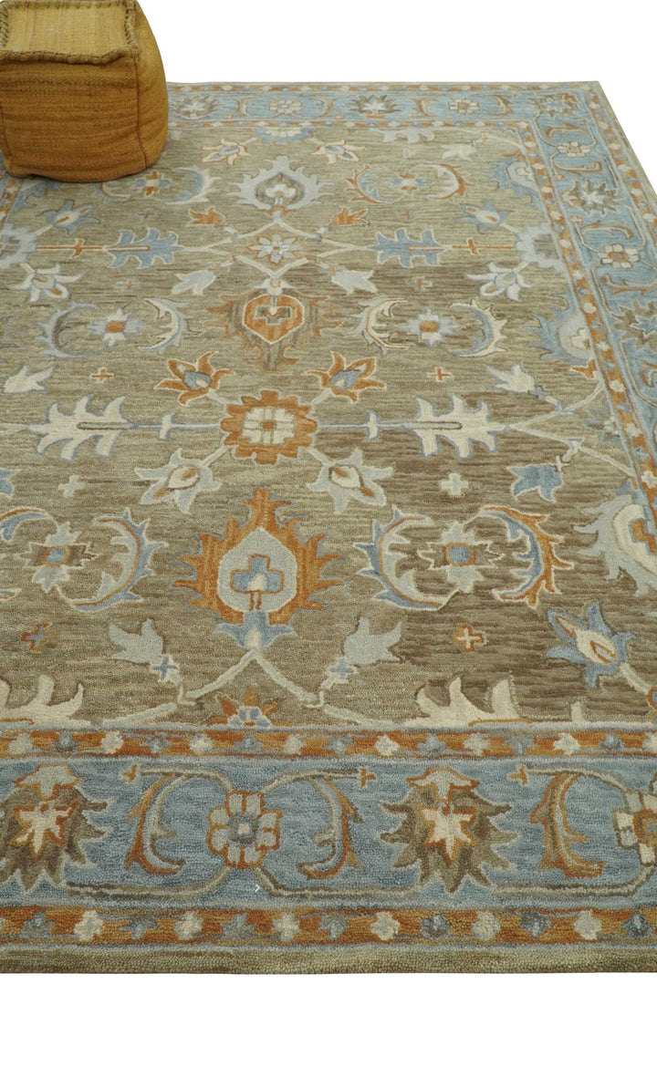 Custom Made Camel And Blue Traditional Oushak Design Hand Tufted Wool Area Rug - The Rug Decor