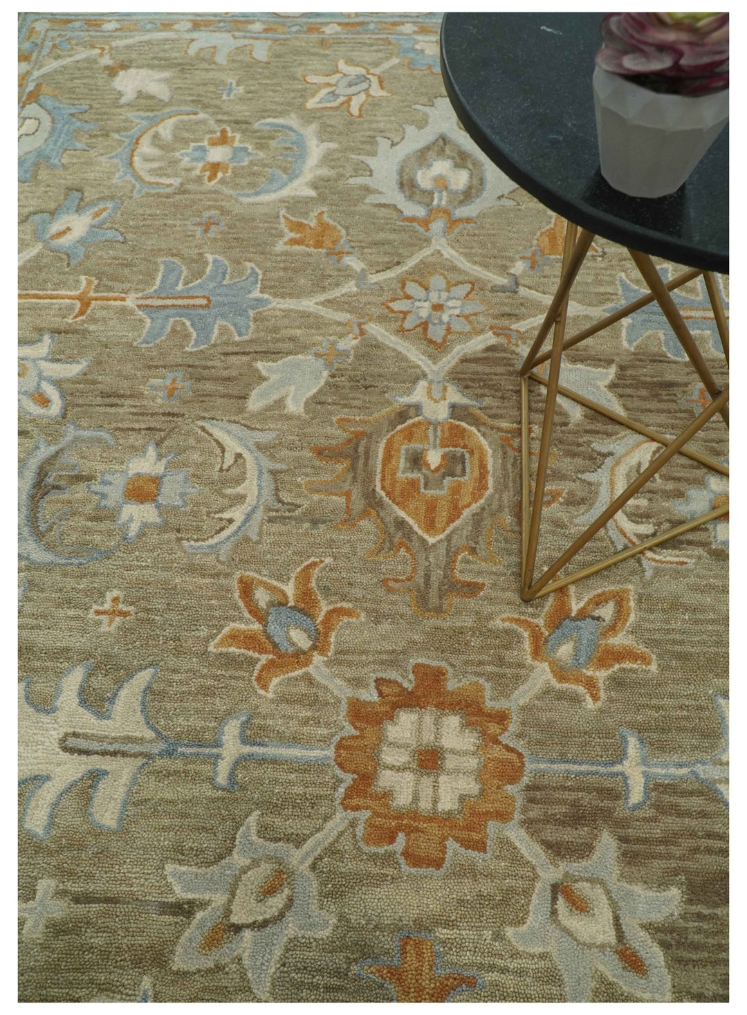 Custom Made Camel And Blue Traditional Oushak Design Hand Tufted Wool Area Rug - The Rug Decor