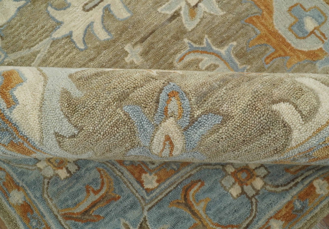 Custom Made Camel And Blue Traditional Oushak Design Hand Tufted Wool Area Rug - The Rug Decor