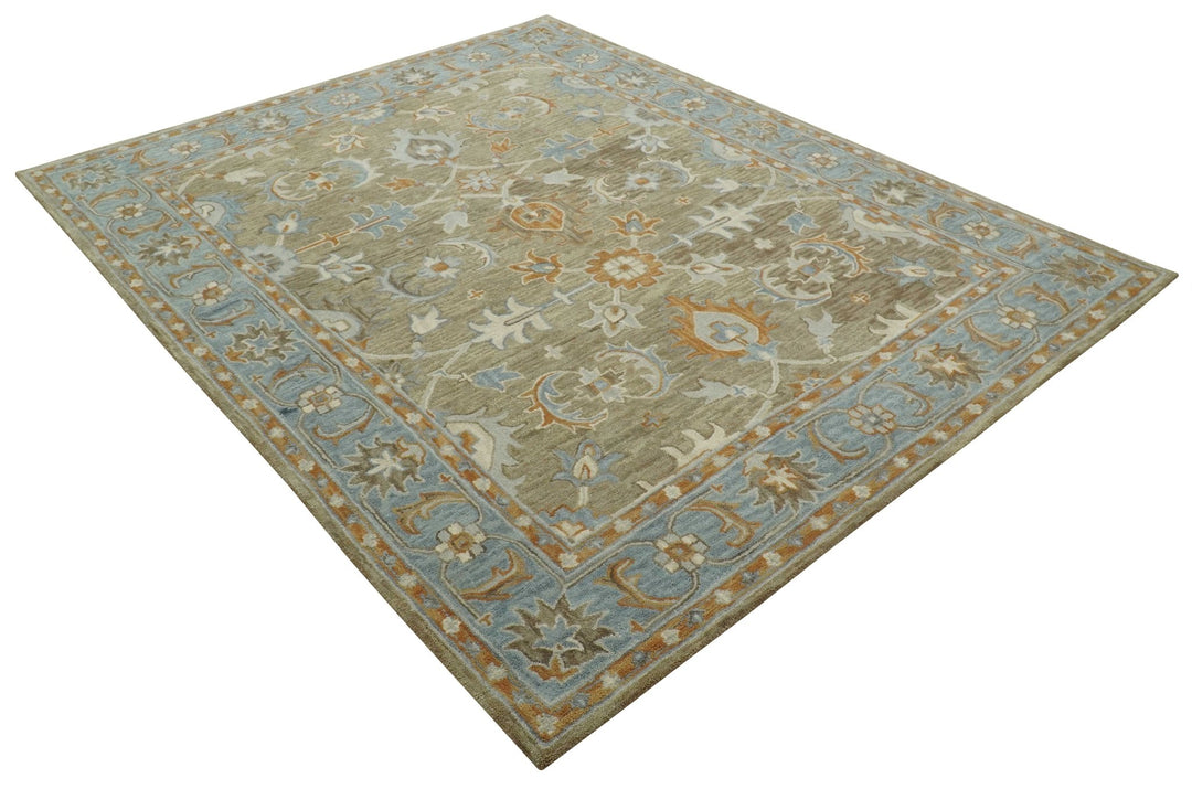 Custom Made Camel And Blue Traditional Oushak Design Hand Tufted Wool Area Rug - The Rug Decor
