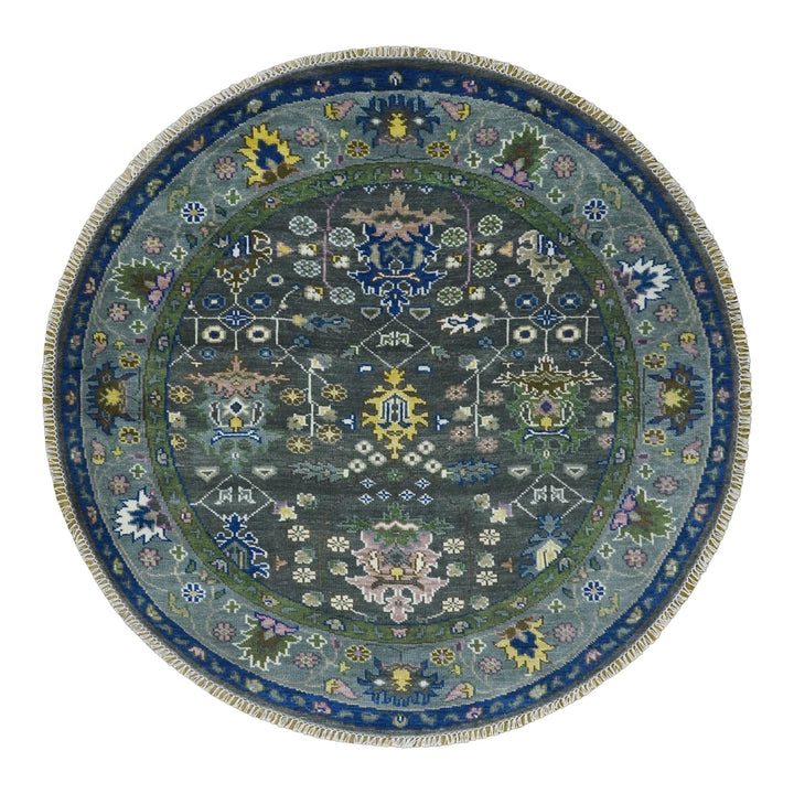 Custom Made Charcoal And Blue Turkish Design Round Hand Knotted Wool Rug - The Rug Decor