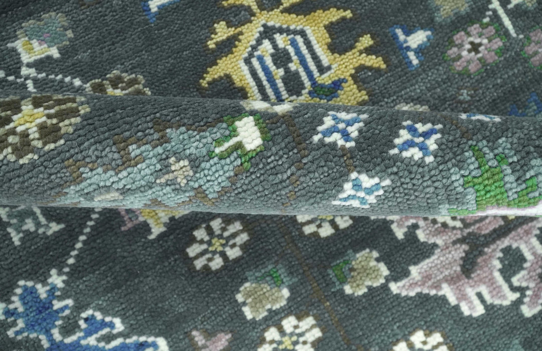 Custom Made Charcoal And Blue Turkish Design Round Hand Knotted Wool Rug - The Rug Decor