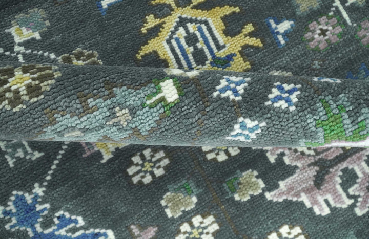 Custom Made Charcoal And Blue Turkish Design Round Hand Knotted Wool Rug - The Rug Decor