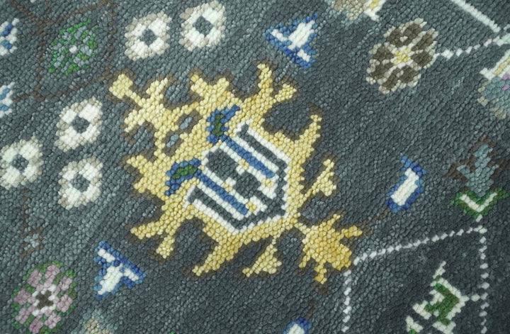 Custom Made Charcoal And Blue Turkish Design Round Hand Knotted Wool Rug - The Rug Decor