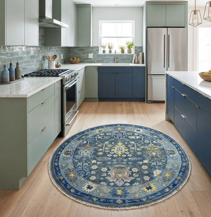 Custom Made Charcoal And Blue Turkish Design Round Hand Knotted Wool Rug - The Rug Decor