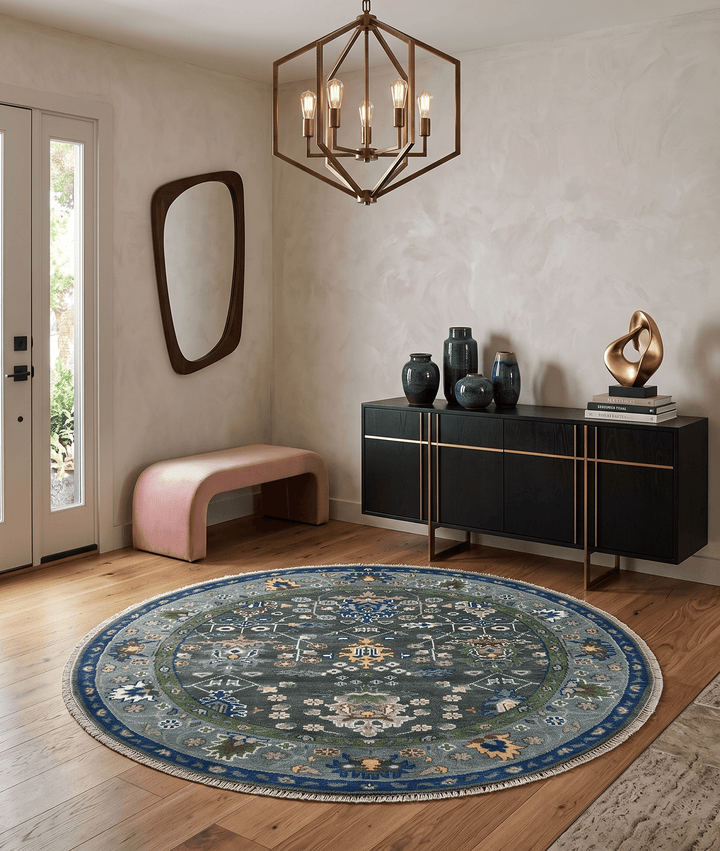 Custom Made Charcoal And Blue Turkish Design Round Hand Knotted Wool Rug - The Rug Decor