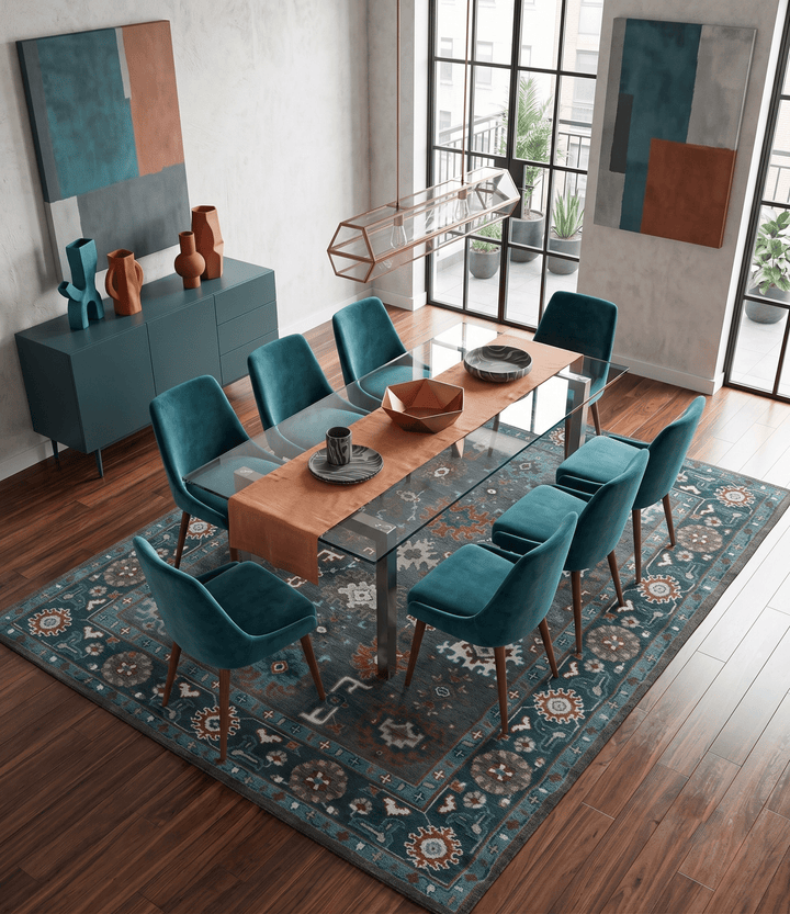 Custom Made Charcoal and Teal Hand knotted Traditional Oushak wool area rug - The Rug Decor