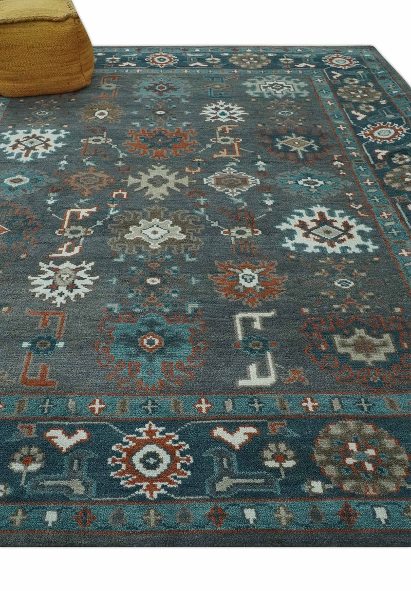 Custom Made Charcoal and Teal Hand knotted Traditional Oushak wool area rug - The Rug Decor