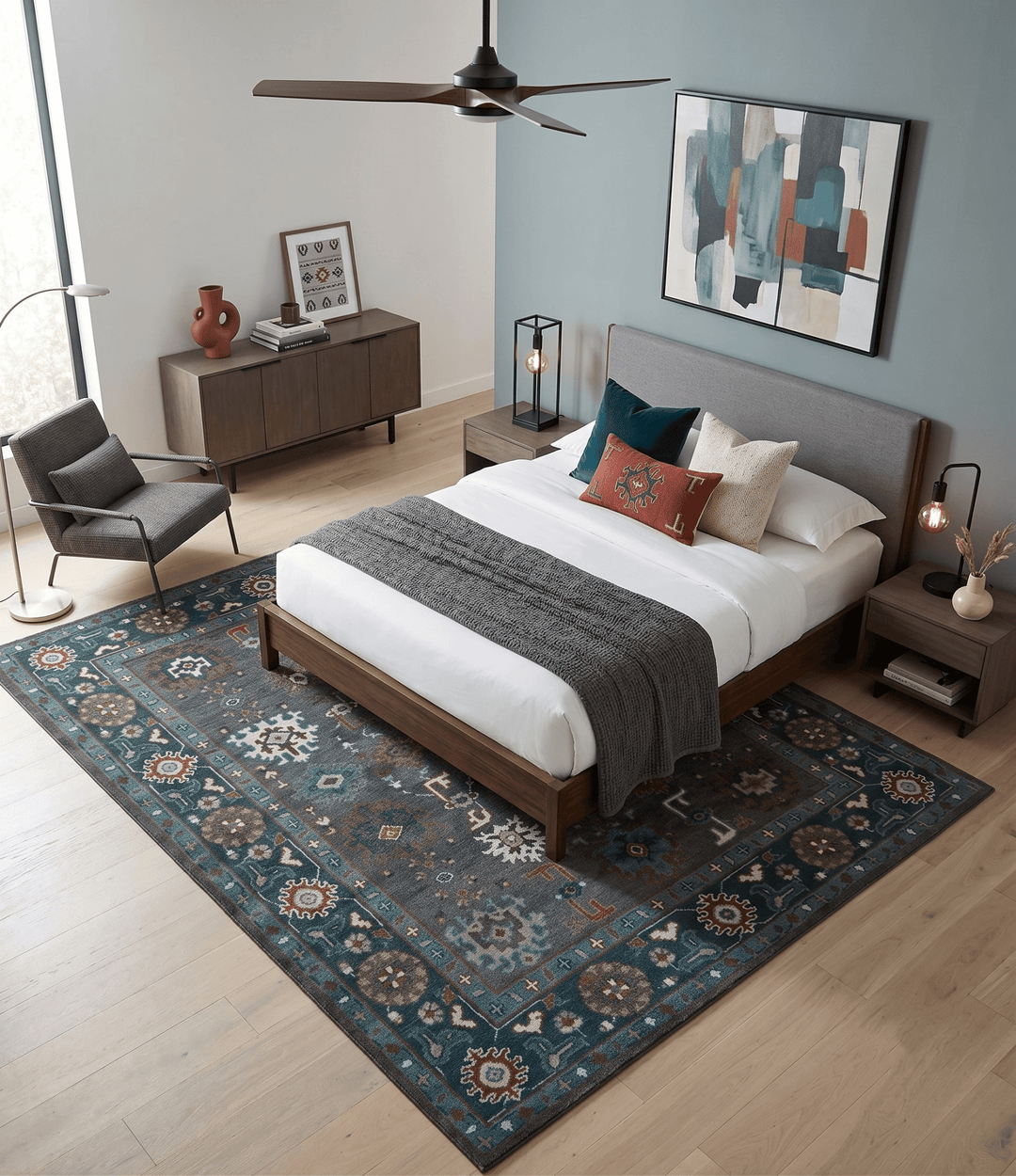 Custom Made Charcoal and Teal Hand knotted Traditional Oushak wool area rug - The Rug Decor