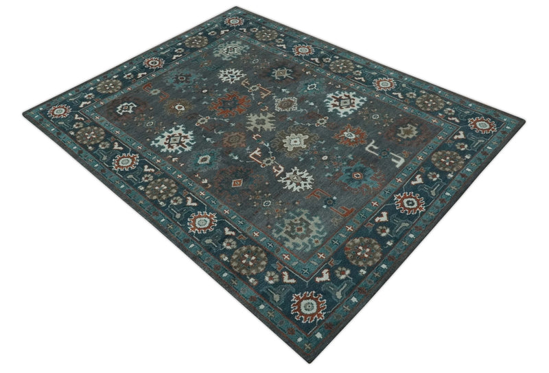 Custom Made Charcoal and Teal Hand knotted Traditional Oushak wool area rug - The Rug Decor