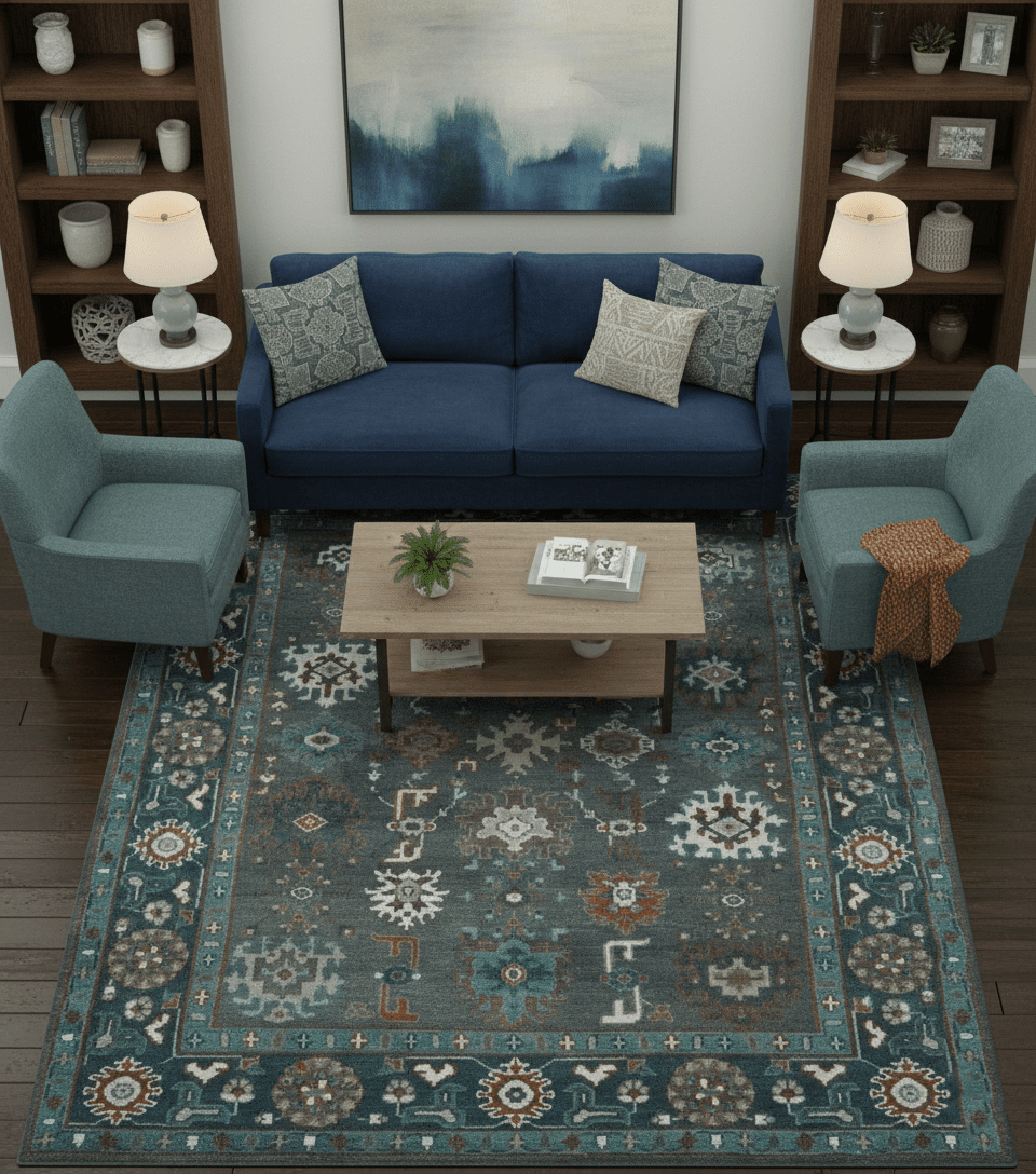 Custom Made Charcoal and Teal Hand knotted Traditional Oushak wool area rug - The Rug Decor