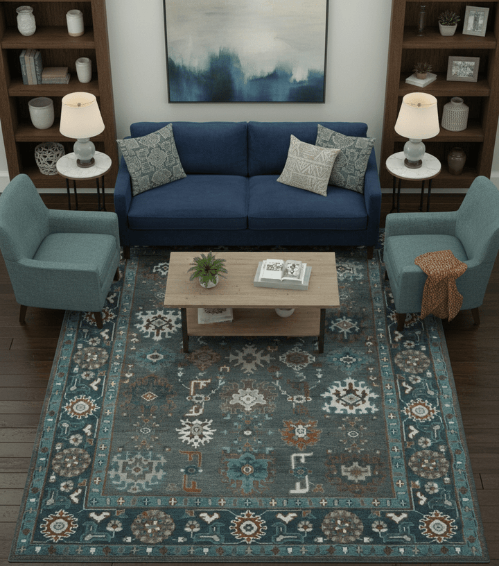 Custom Made Charcoal and Teal Hand knotted Traditional Oushak wool area rug - The Rug Decor