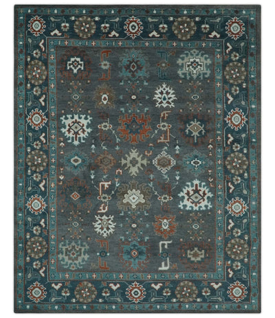 Custom Made Charcoal and Teal Hand knotted Traditional Oushak wool area rug - The Rug Decor