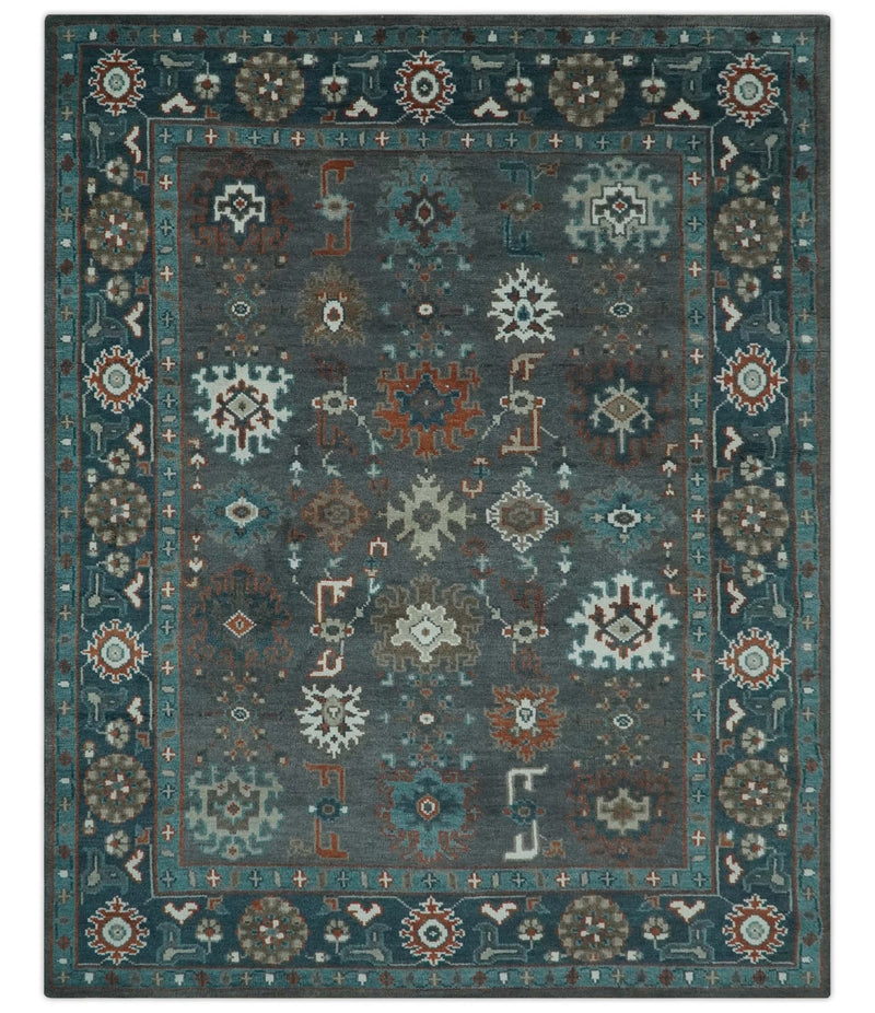 Custom Made Charcoal and Teal Hand knotted Traditional Oushak wool area rug - The Rug Decor