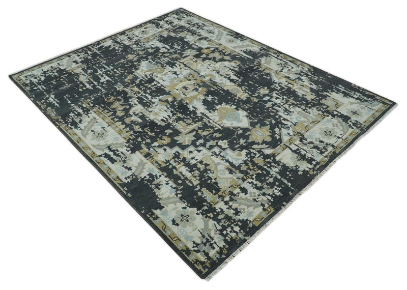 Custom Made Charcoal, Ivory and Beige Transitional Hand knotted wool Area Rug - The Rug Decor