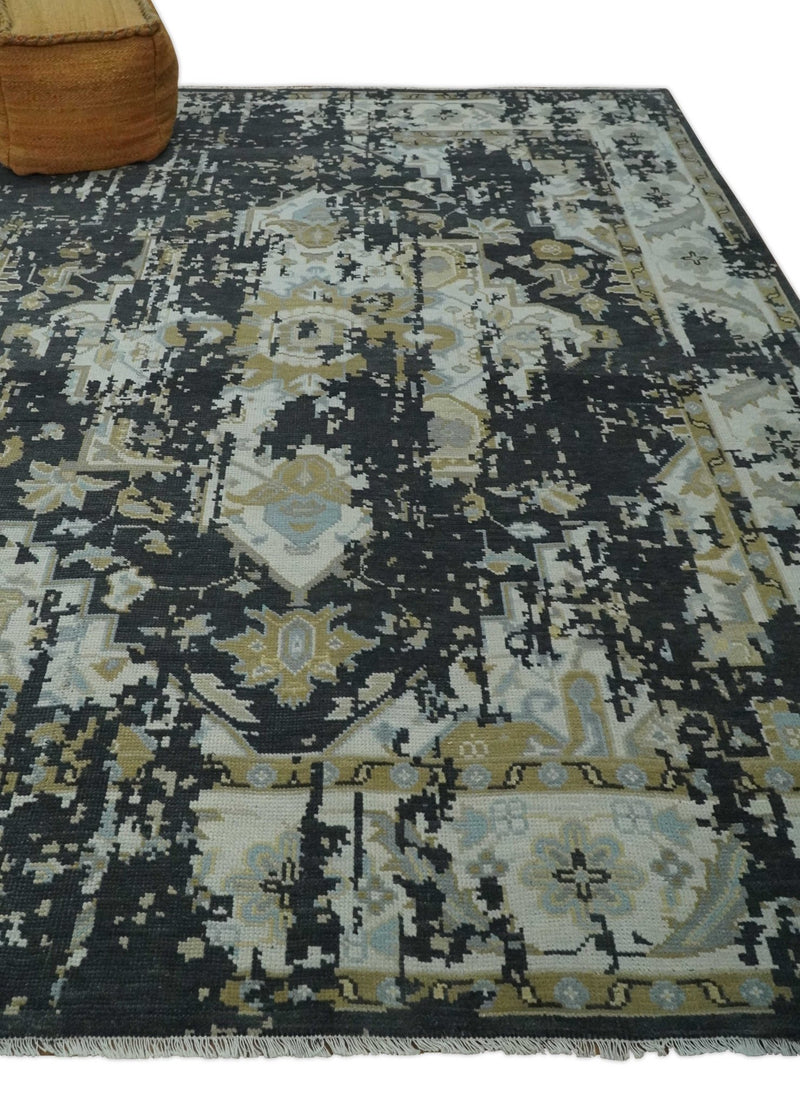 Custom Made Charcoal, Ivory and Beige Transitional Hand knotted wool Area Rug - The Rug Decor