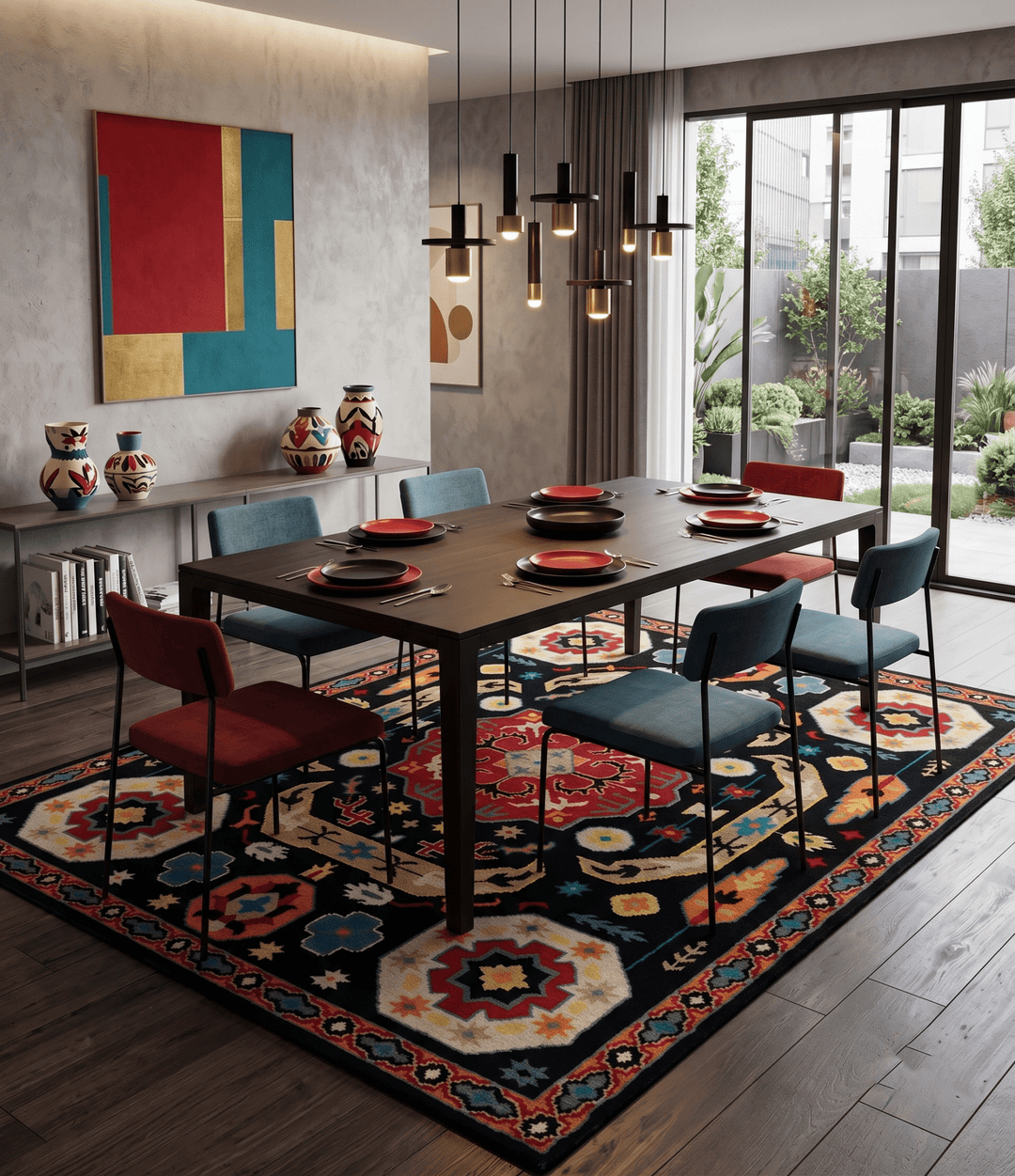 Custom Made Colorful Black, Maroon and Beige Traditional Mamluk Design wool Rug - The Rug Decor